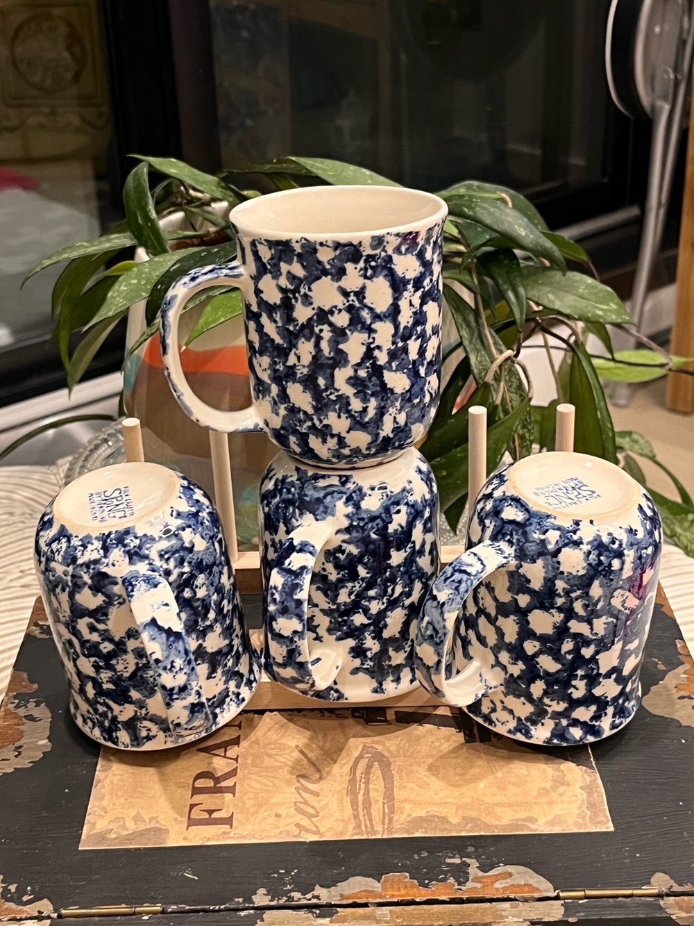 Set of 4 Folk Craft Sponge Blue and White Mugs by Tienshan